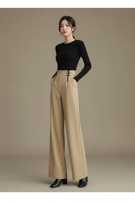Pantalon Chinois Beige Ample Taille Haute Fluide Femme - Polyester