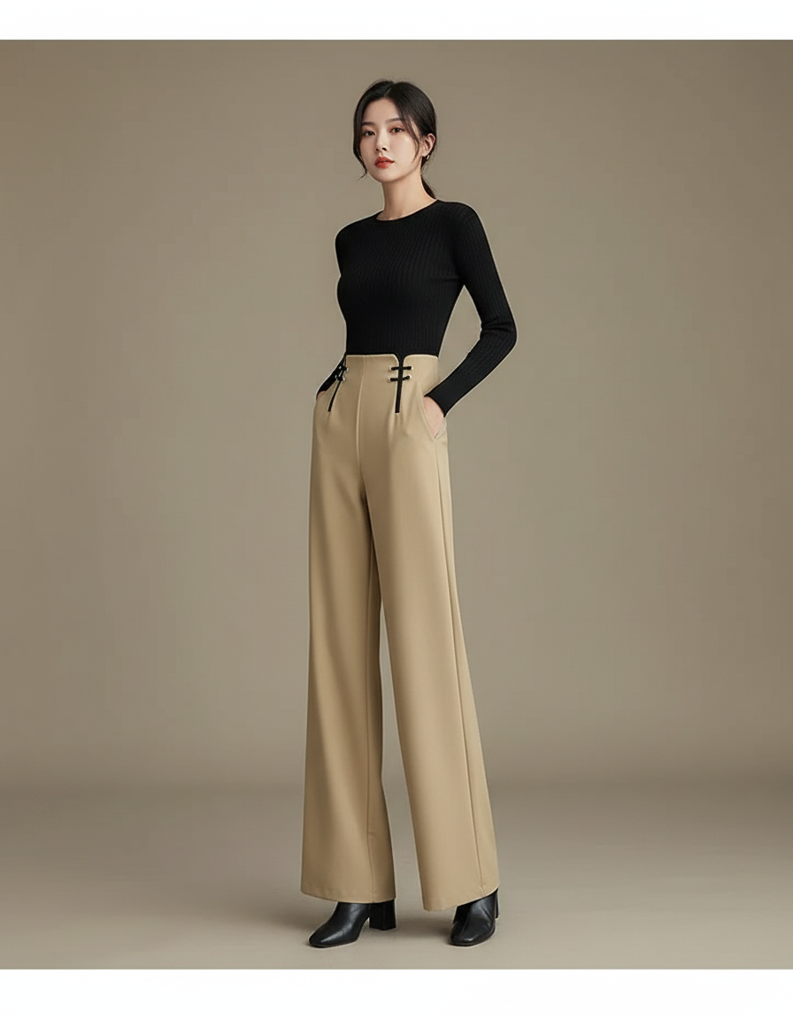 Pantalon Chinois Beige Ample Taille Haute Fluide Femme - Polyester