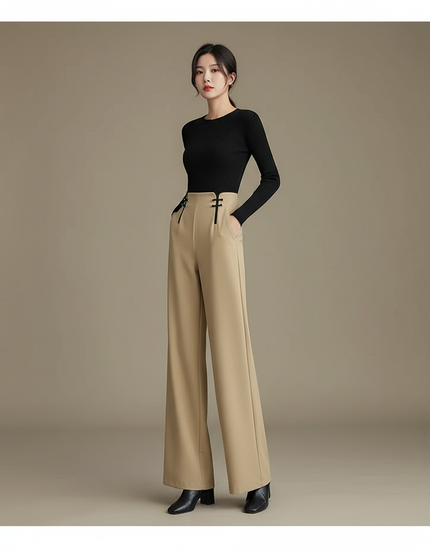 Pantalon Chinois Beige Ample Taille Haute Fluide Femme - Polyester