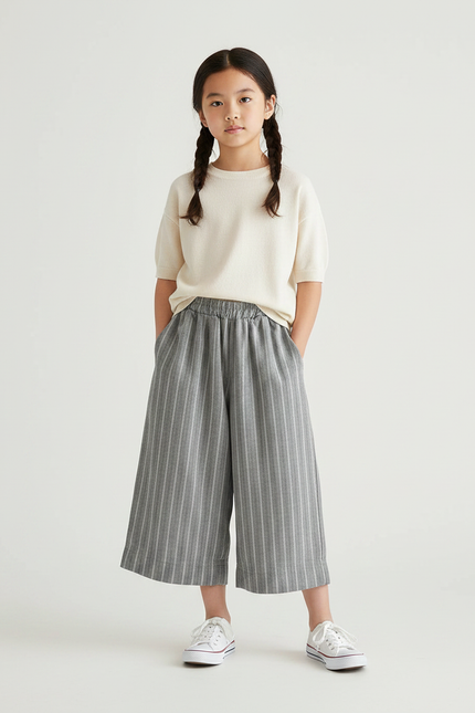 Pantalon Chinois Gris Rayé Ample Coton Fluide