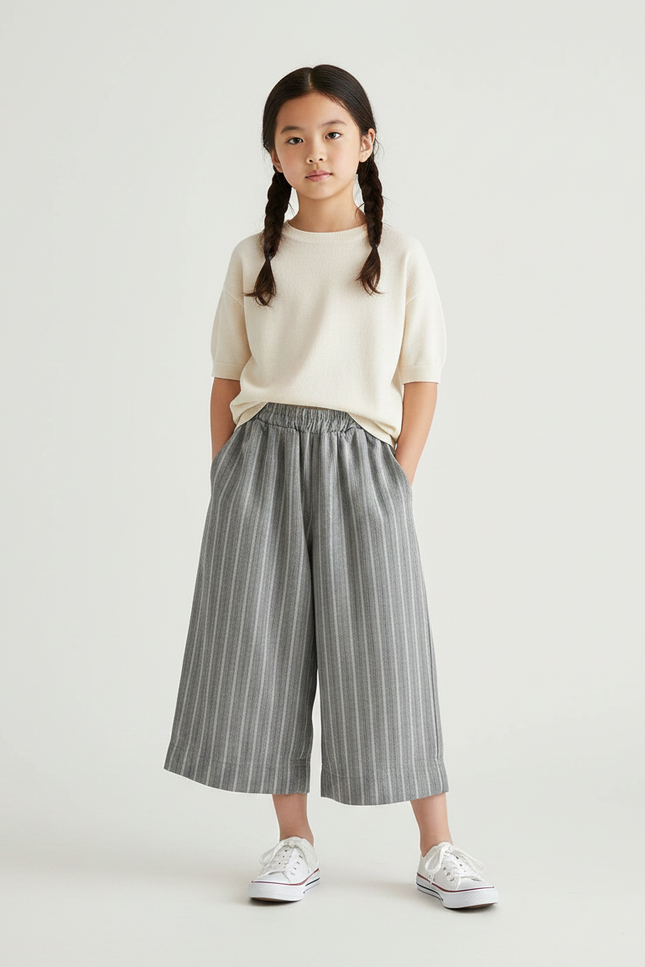 Pantalon Chinois Gris Rayé Ample Coton Fluide
