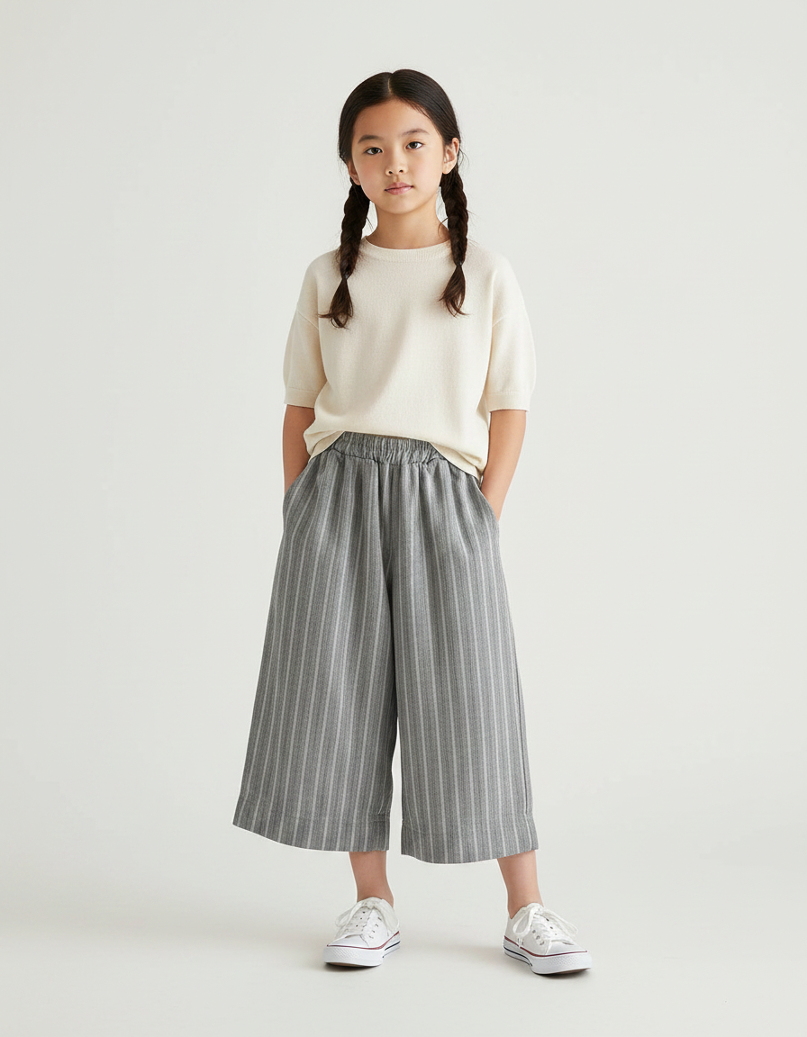 Pantalon Chinois Gris Rayé Ample Coton Fluide