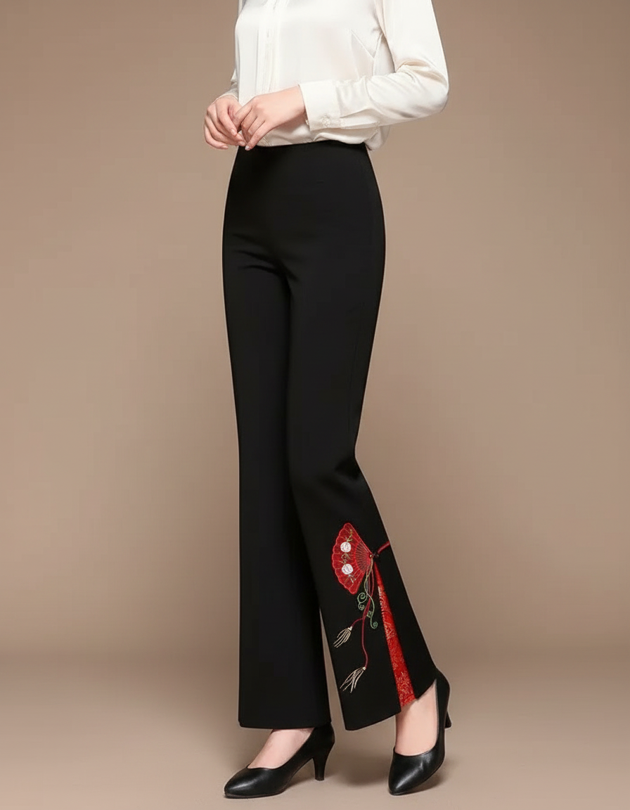 Pantalon Chinois Noir Brodé Évasé Élégant Femme - Polyester