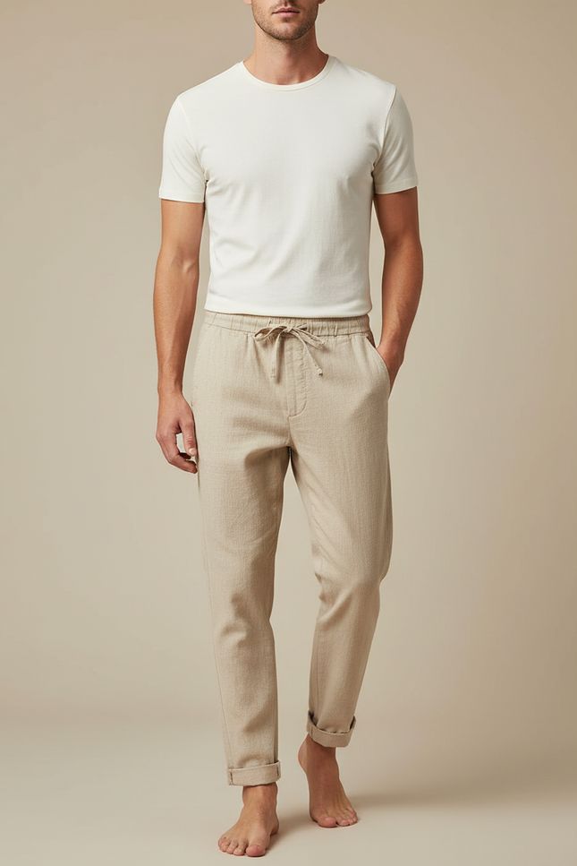 Pantalon Chinois Beige Lin Ample Décontracté Cordon