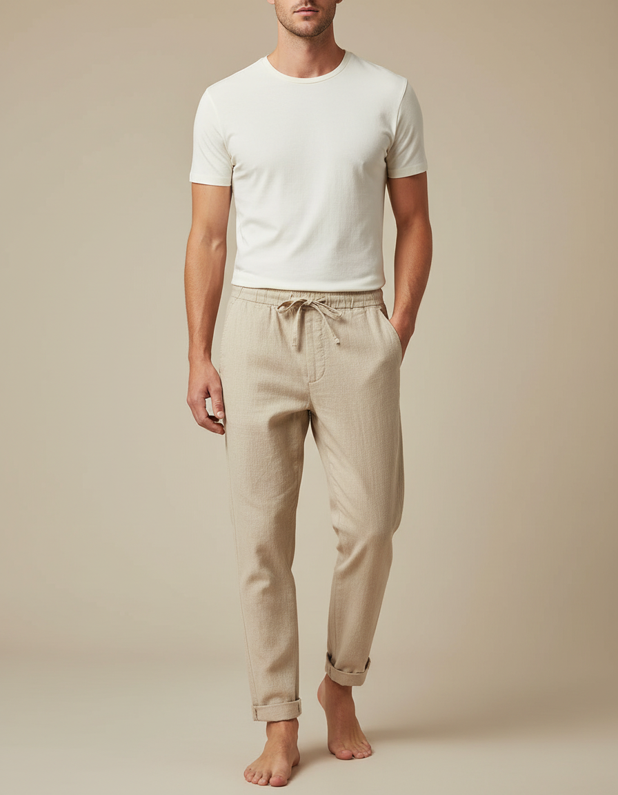 Pantalon Chinois Beige Lin Ample Décontracté Cordon