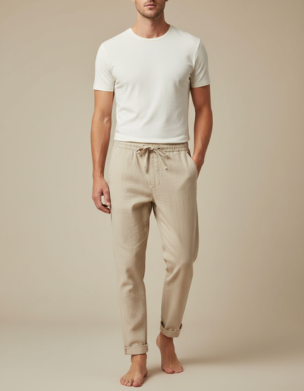 Pantalon Chinois Beige Lin Ample Décontracté Cordon