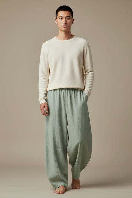 Pantalon Chinois Vert Ample Lin Coton Décontracté Homme