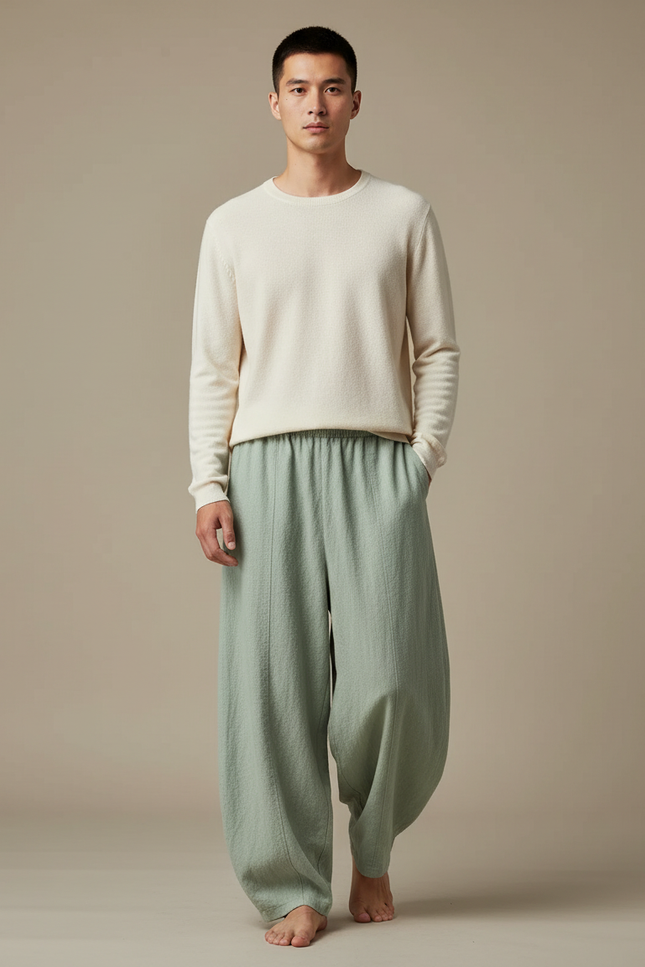 Pantalon Chinois Vert Ample Lin Coton Décontracté Homme