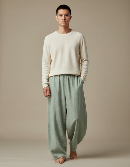 Pantalon Chinois Vert Ample Lin Coton Décontracté Homme