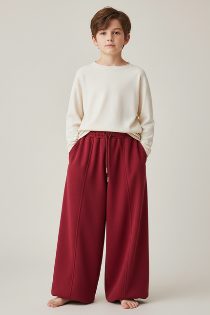 Pantalon Chinois Rouge Ample Molletonné Élastique Enfant - Bordeaux
