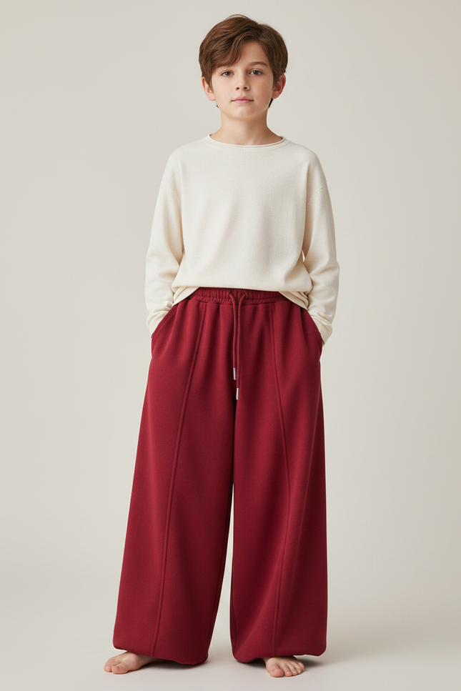 Pantalon Chinois Rouge Ample Molletonné Élastique Enfant - Bordeaux
