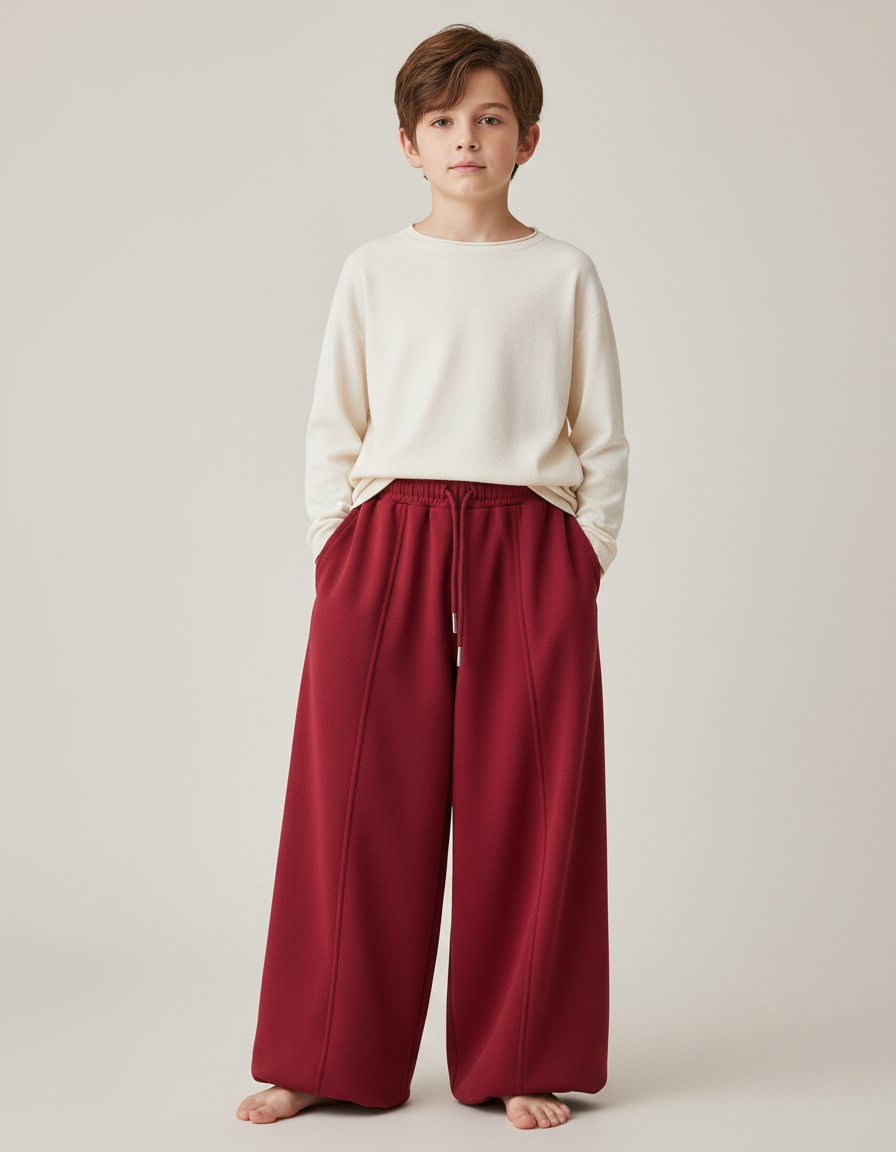 Pantalon Chinois Rouge Ample Molletonné Élastique Enfant - Bordeaux