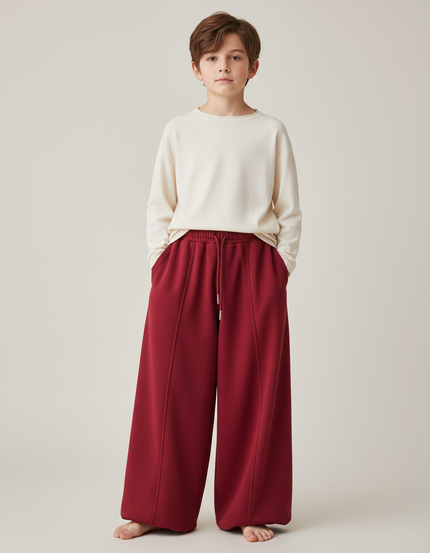 Pantalon Chinois Rouge Ample Molletonné Élastique Enfant - Bordeaux
