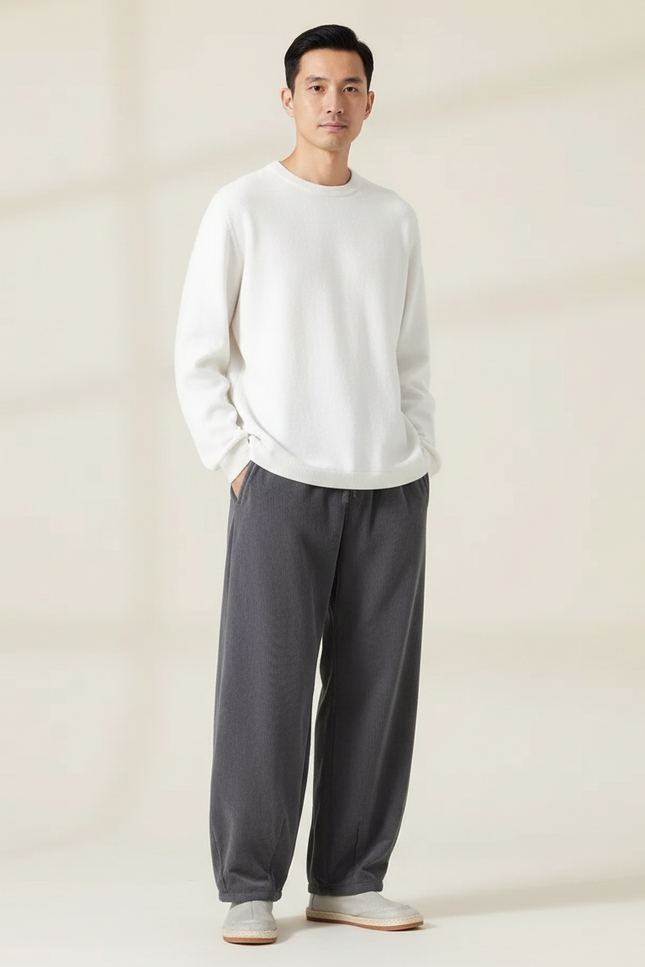 Pantalon Chinois Gris Ample Côtelé Décontracté Homme - Cordé