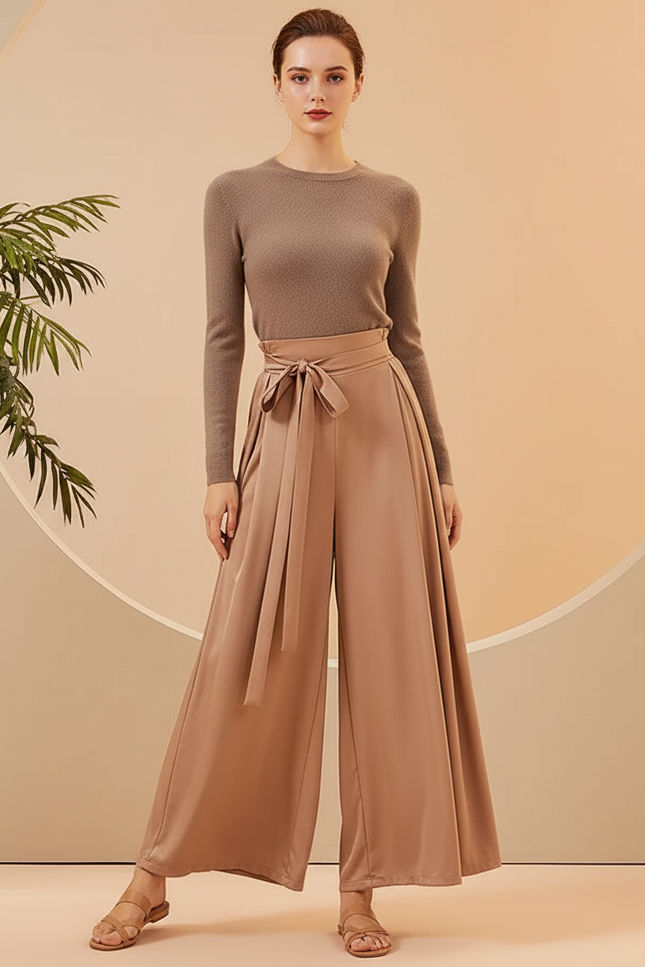 Pantalon Chinois Satiné Fluide Ample Ceinturé Marron Femme - Camel