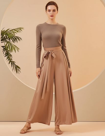 Pantalon Chinois Satiné Fluide Ample Ceinturé Marron Femme - Camel