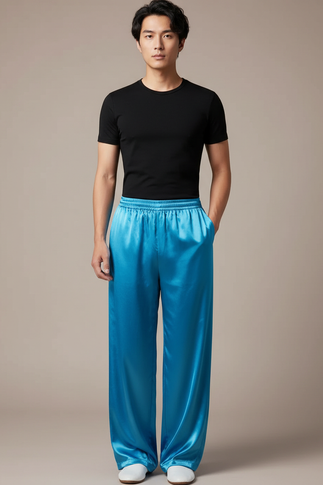 Pantalon Chinois Bleu Satiné Ample Fluide Homme