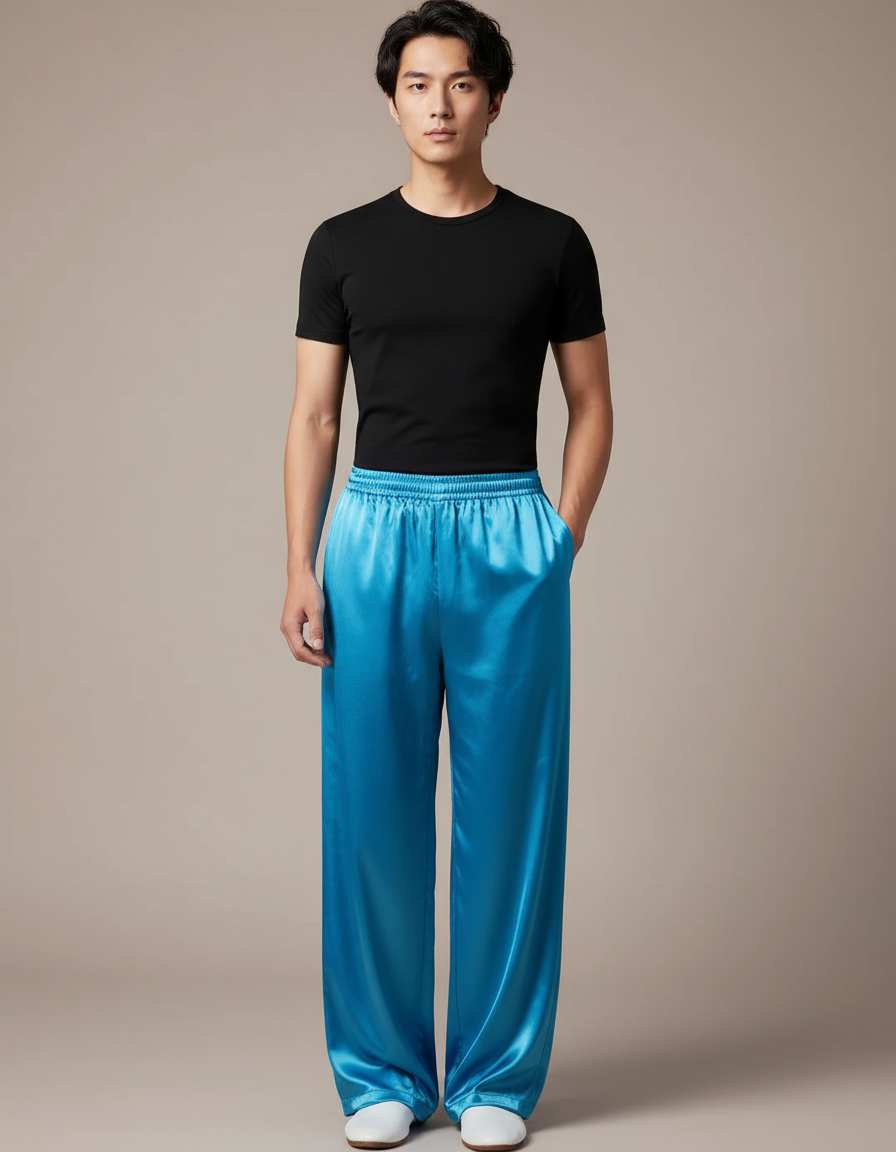 Pantalon Chinois Bleu Satiné Ample Fluide Homme