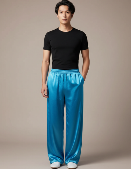 Pantalon Chinois Bleu Satiné Ample Fluide Homme
