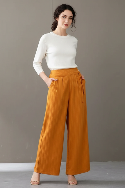 Pantalon Chinois Jaune Ocre Côtelé Ample Taille Haute - Cordé