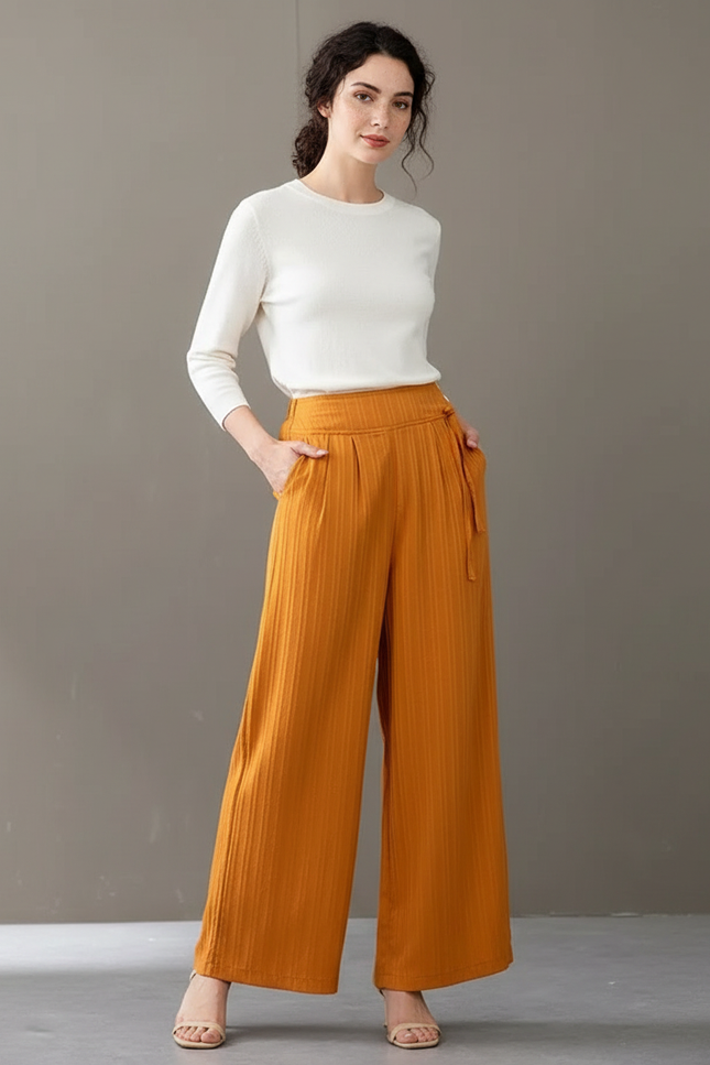 Pantalon Chinois Jaune Ocre Côtelé Ample Taille Haute - Cordé