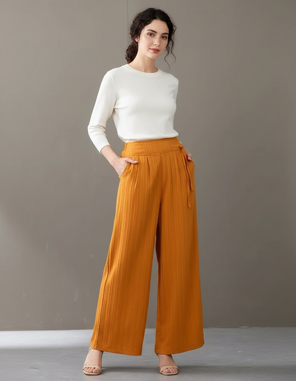Pantalon Chinois Jaune Ocre Côtelé Ample Taille Haute - Cordé