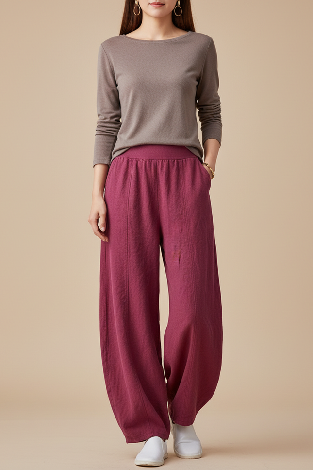 Pantalon Chinois Bordeaux Ample Coton Lin Confortable