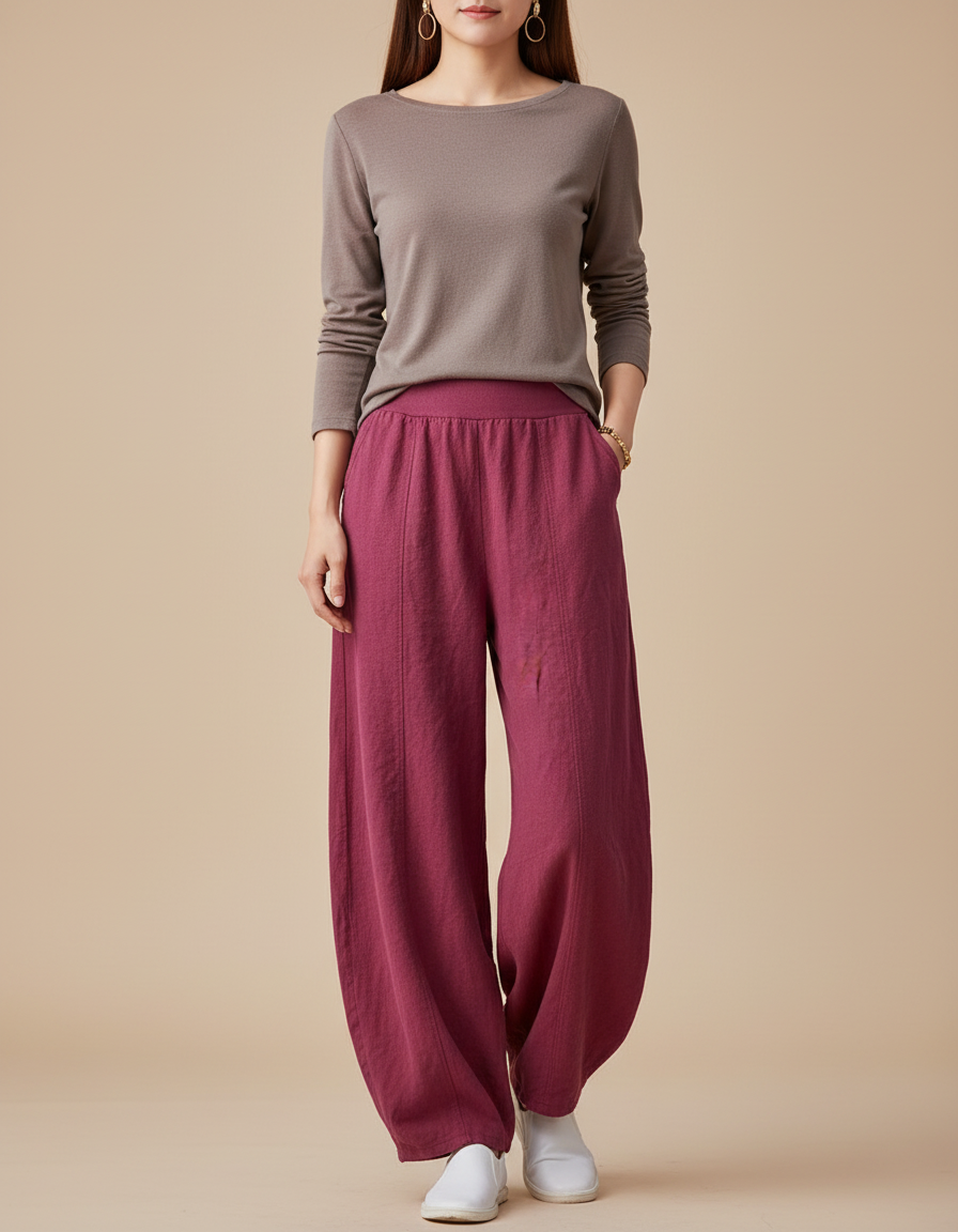Pantalon Chinois Bordeaux Ample Coton Lin Confortable