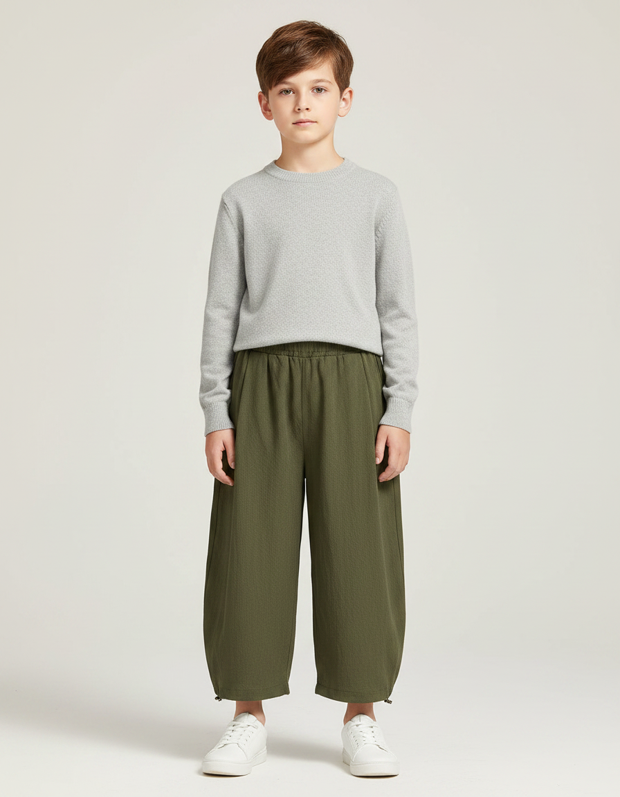 Pantalon Chinois Vert Ample Décontracté Enfant Léger - Kaki Lin