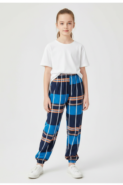 Pantalon Chinois Carreaux Bleu Marine Ample Fille - Multicolore Polyester
