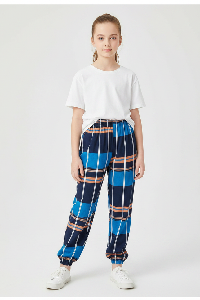 Pantalon Chinois Carreaux Bleu Marine Ample Fille - Multicolore Polyester