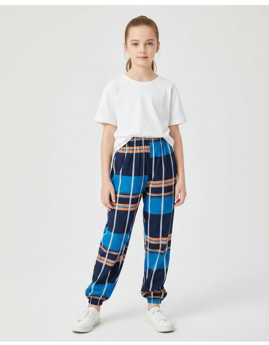 Pantalon Chinois Carreaux Bleu Marine Ample Fille - Multicolore Polyester