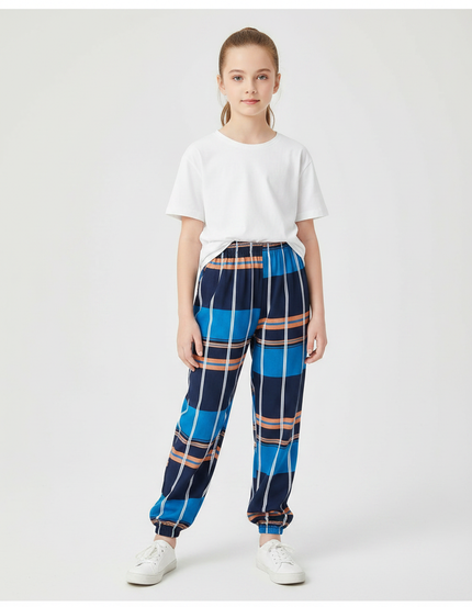 Pantalon Chinois Carreaux Bleu Marine Ample Fille - Multicolore Polyester