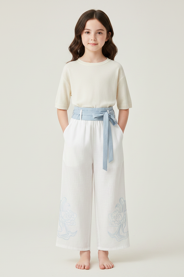 Pantalon Chinois Blanc Ample Lin Brodé Enfant
