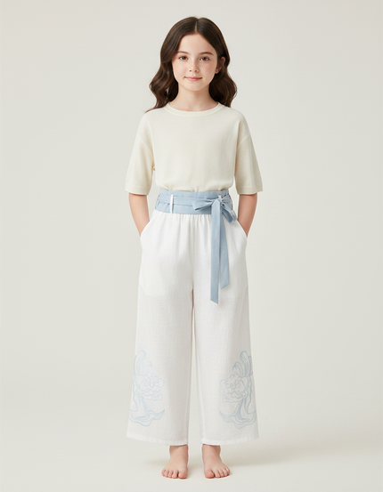 Pantalon Chinois Blanc Ample Lin Brodé Enfant