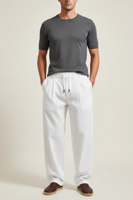 Pantalon Chinois Blanc Coton Ample Cordon Décontracté Homme