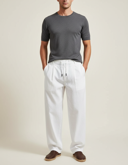 Pantalon Chinois Blanc Coton Ample Cordon Décontracté Homme