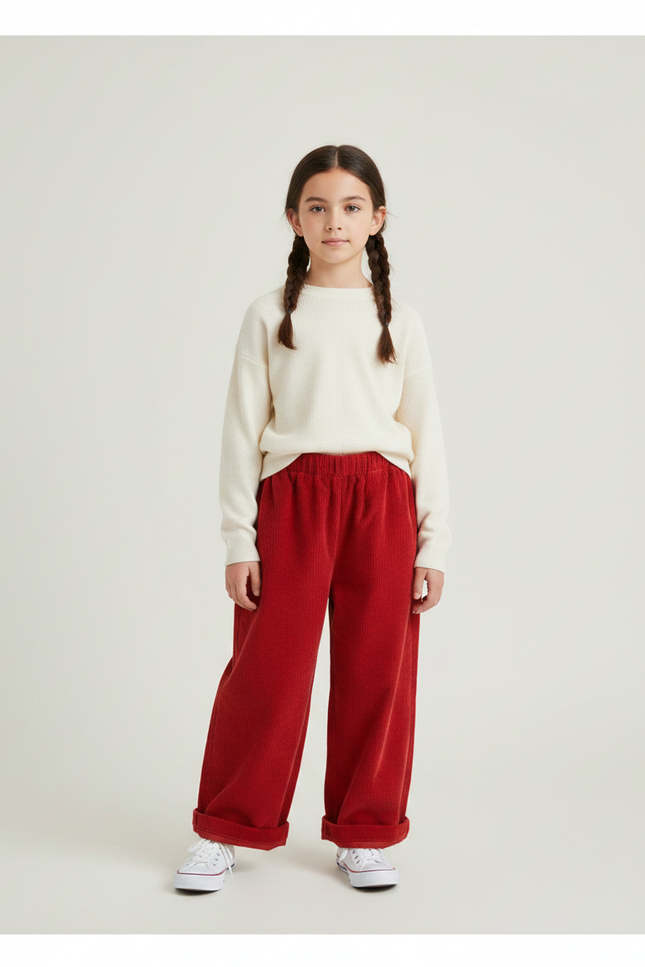 Pantalon Chinois Rouge Côtelé Ample Enfant - Cordé