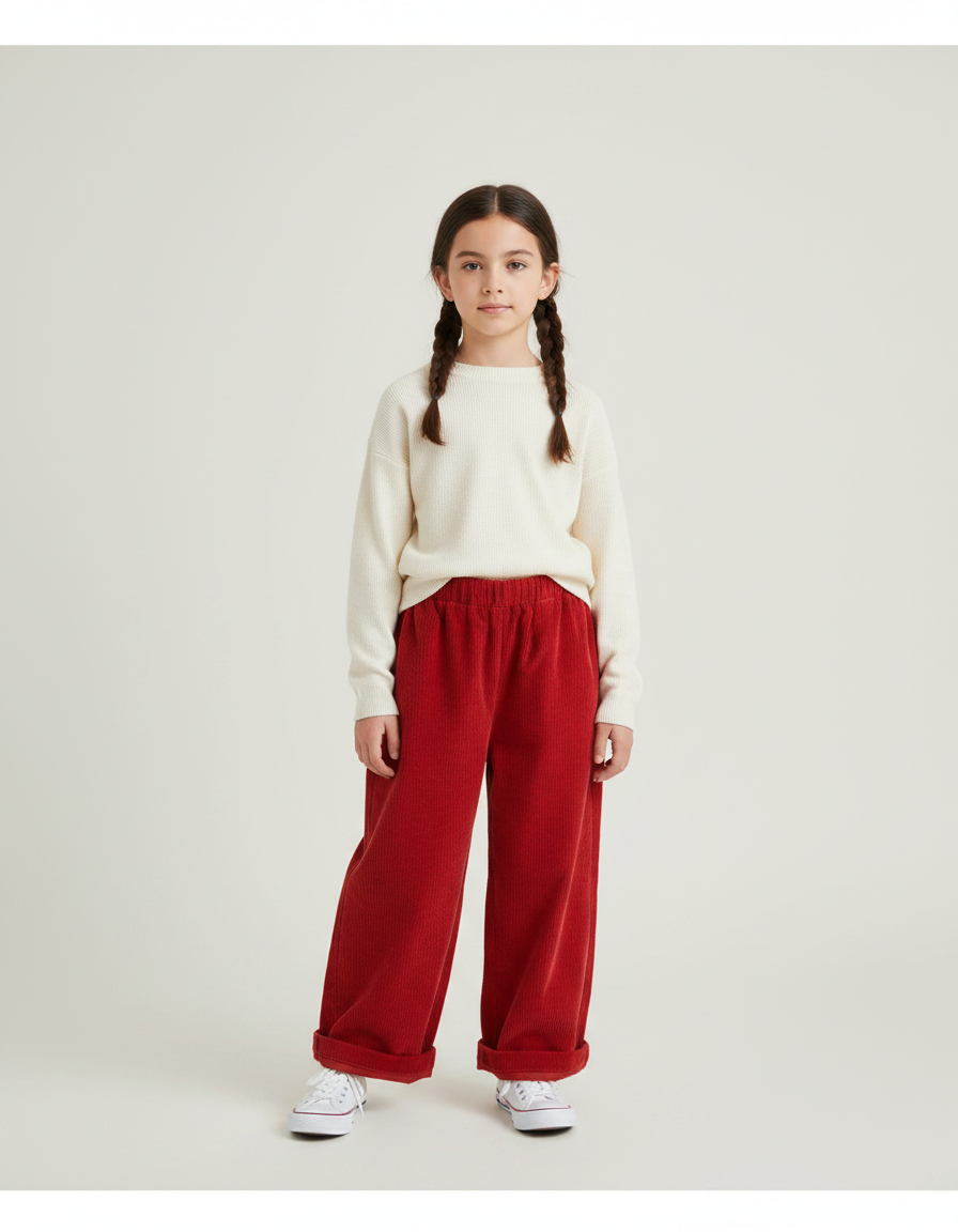 Pantalon Chinois Rouge Côtelé Ample Enfant - Cordé
