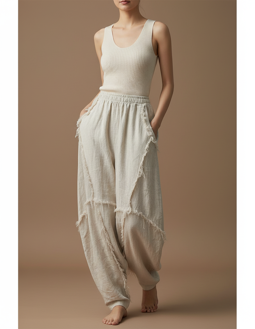 Pantalon Chinois Écru Lin Ample Déstructuré Vintage - Beige