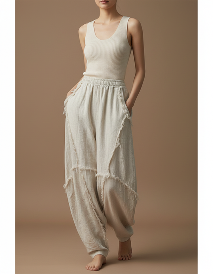 Pantalon Chinois Écru Lin Ample Déstructuré Vintage - Beige
