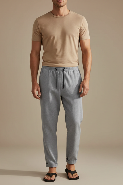 Pantalon Chinois Gris Droit Décontracté Cordon Homme - Molleton