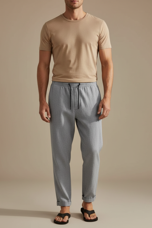 Pantalon Chinois Gris Droit Décontracté Cordon Homme - Molleton