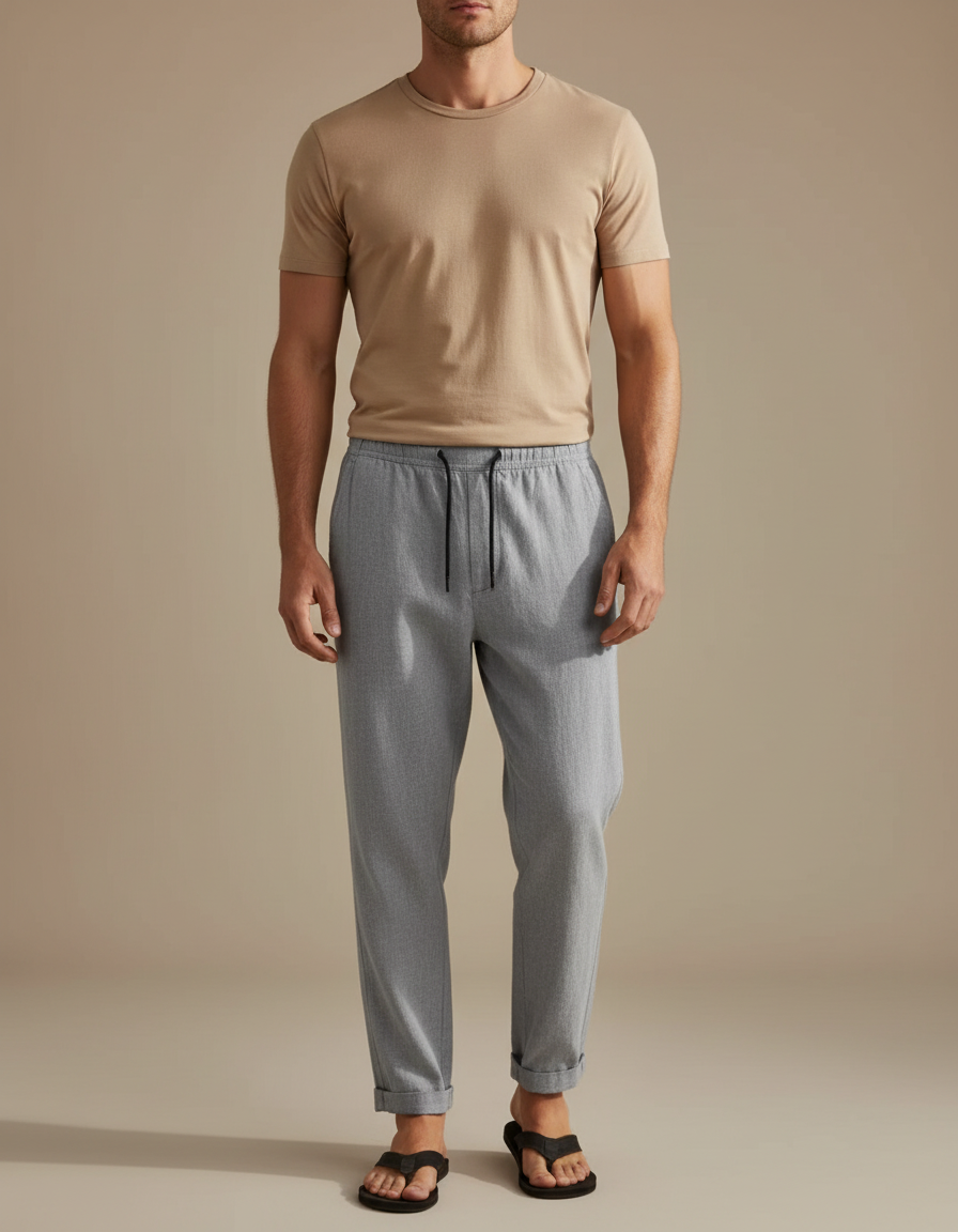 Pantalon Chinois Gris Droit Décontracté Cordon Homme - Molleton