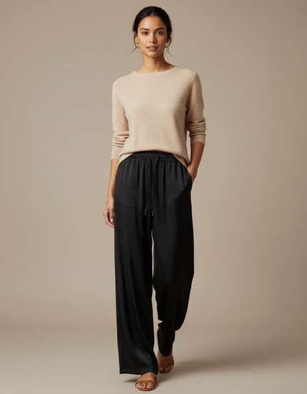 Pantalon Chinois Noir Satin Fluide Large Ceinture Élastique