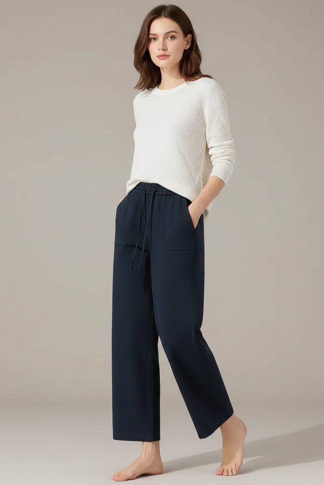 Pantalon Chinois Large Fluide Taille Haute Bleu Marine - Molleton