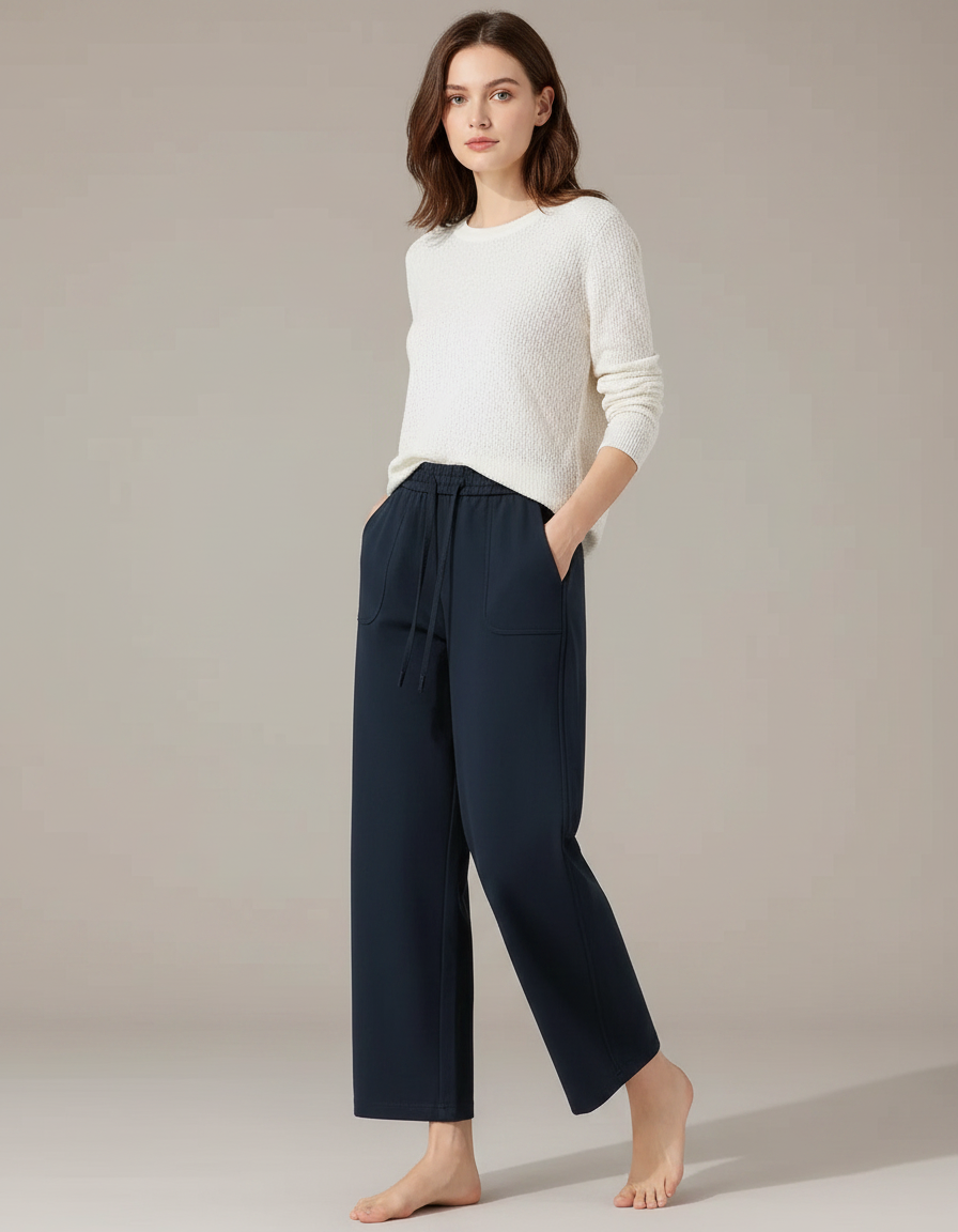 Pantalon Chinois Large Fluide Taille Haute Bleu Marine - Molleton