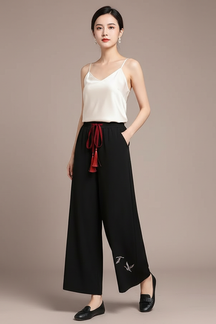 Pantalon Chinois Noir Fluide Brodé Élégant Femme - Polyester