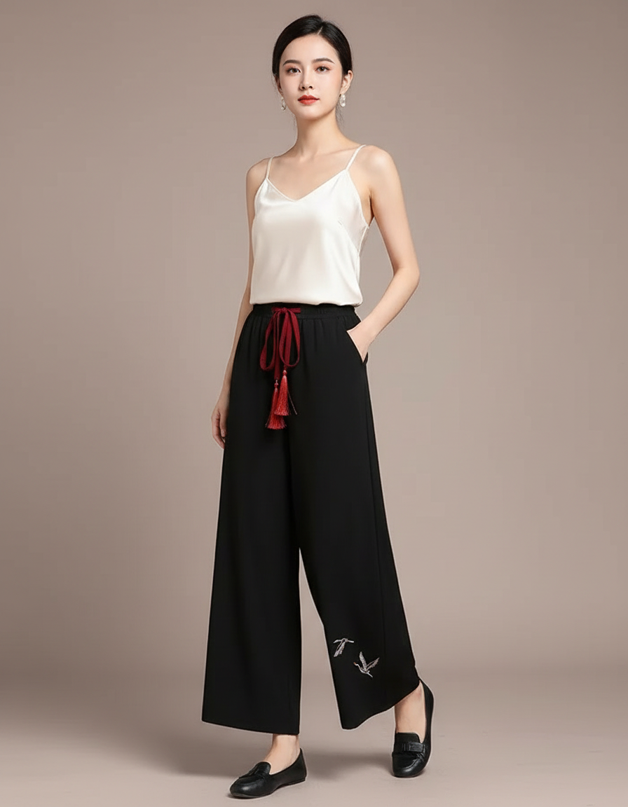 Pantalon Chinois Noir Fluide Brodé Élégant Femme - Polyester