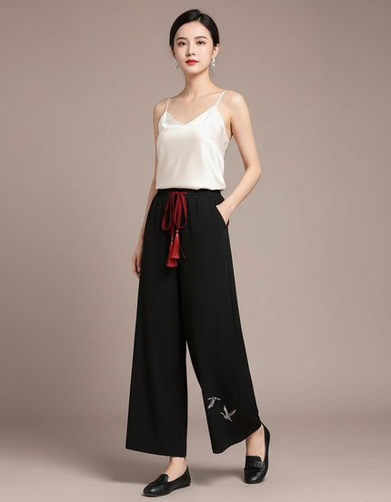 Pantalon Chinois Noir Fluide Brodé Élégant Femme - Polyester